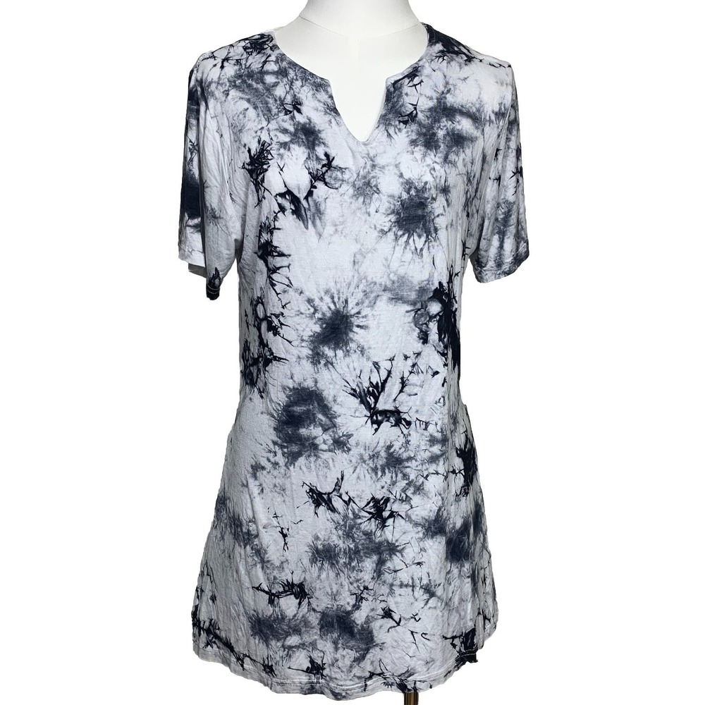 Jessica Taylor Tunic Top Womens XL Black White Tie Dye Notch V-Neck Short Sleeve